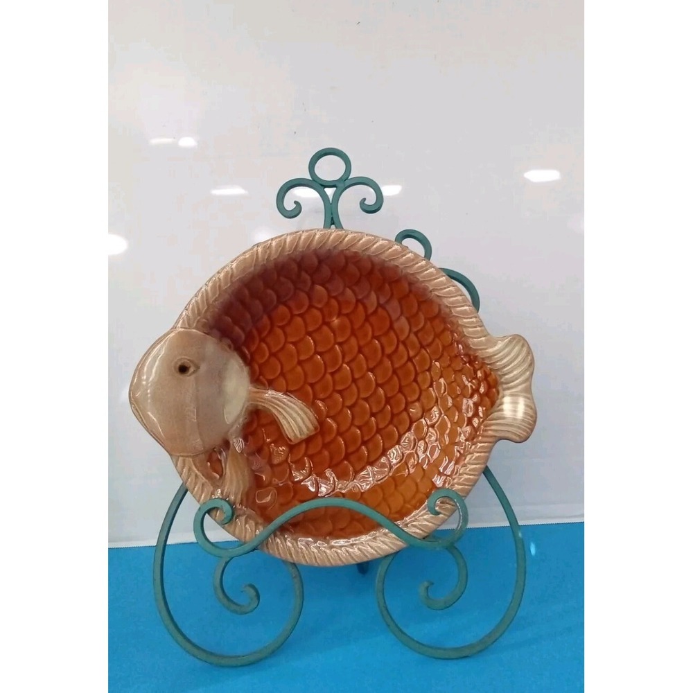 Vintage Ceramic Fish Plate with Decorative Teal Metal Stand Wall Art Home Decor